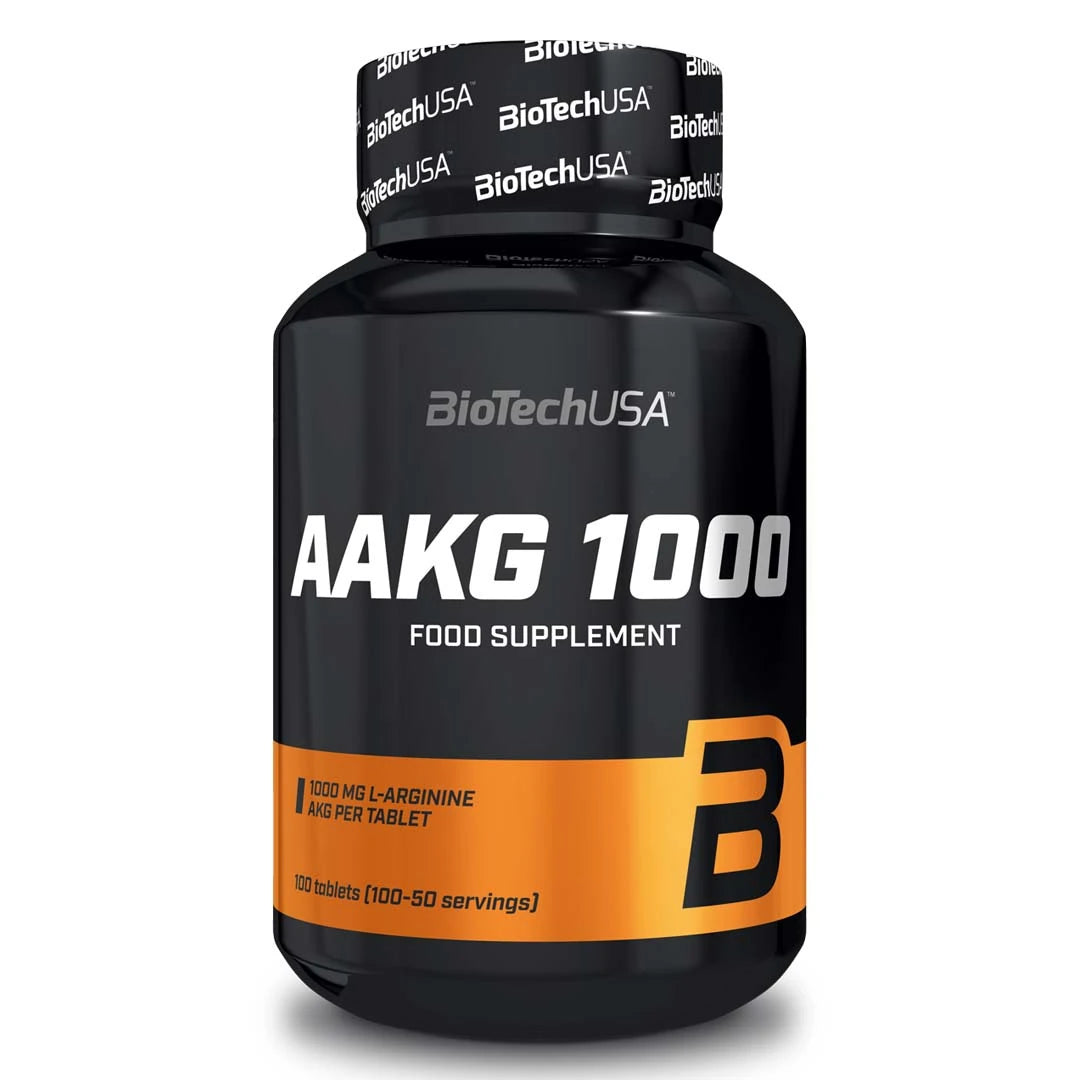 BioTechUSA AAKG 1000 100 tabs -ravintolisä mustassa purkissa oransseilla yksityiskohdilla., kuva 1/1