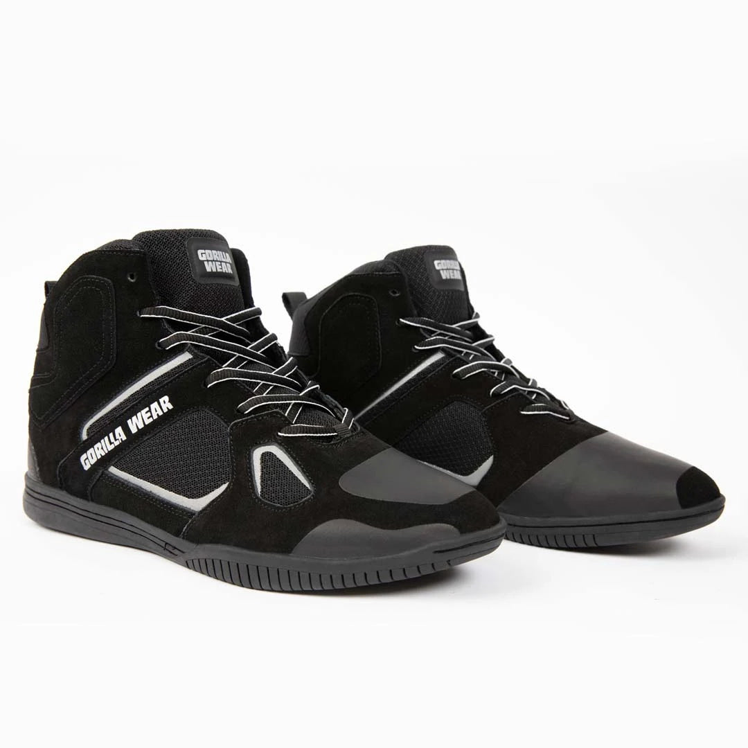 Gorilla Wear Troy High Tops Black &amp; Grey, mustat korkeavartiset mokkaiset treenikengät harmailla yksityiskohdilla., kuva 4/10