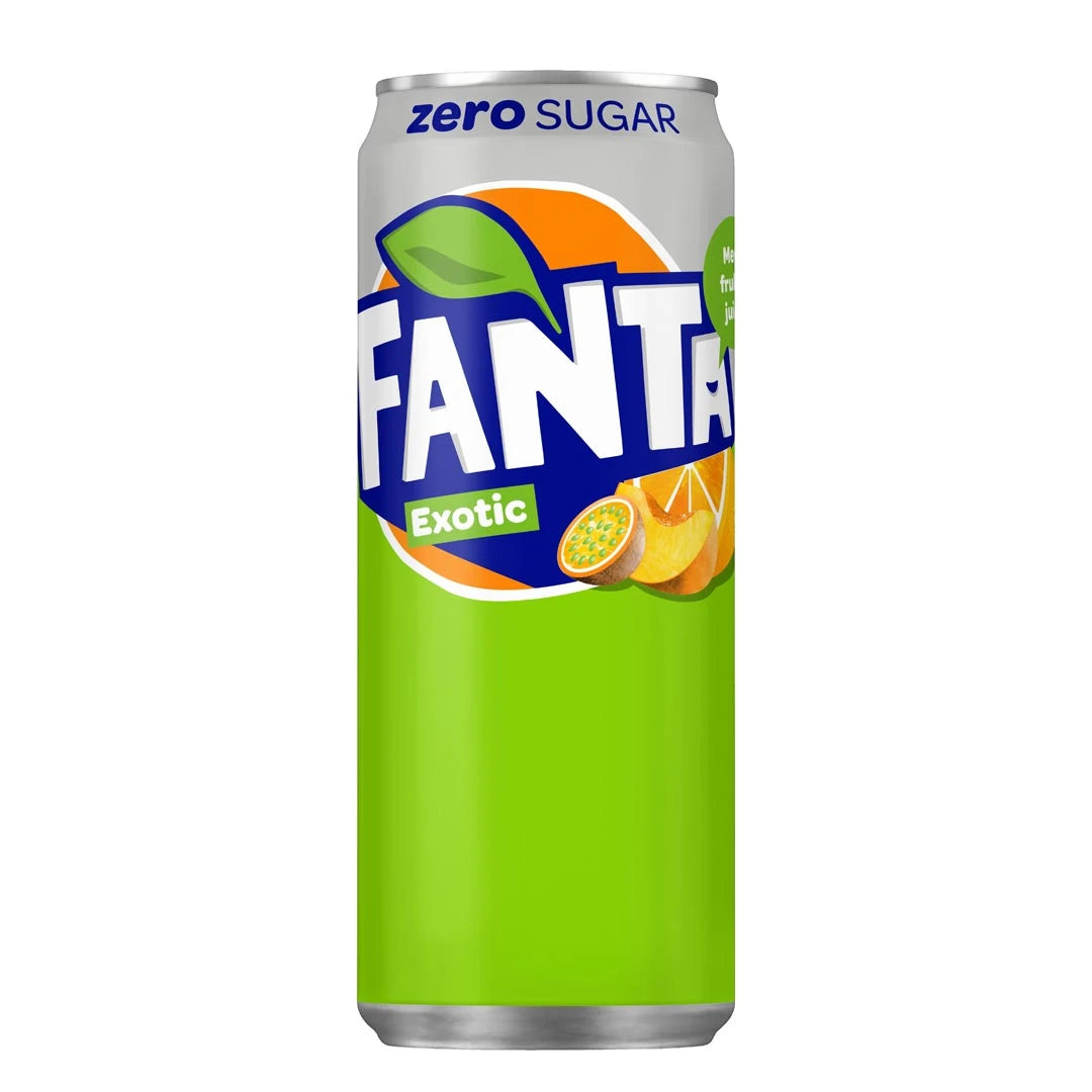 Fanta Zero 330 ml sokeriton virvoitusjuoma vaaleanvihreässä tölkissä, makuna Exotic.