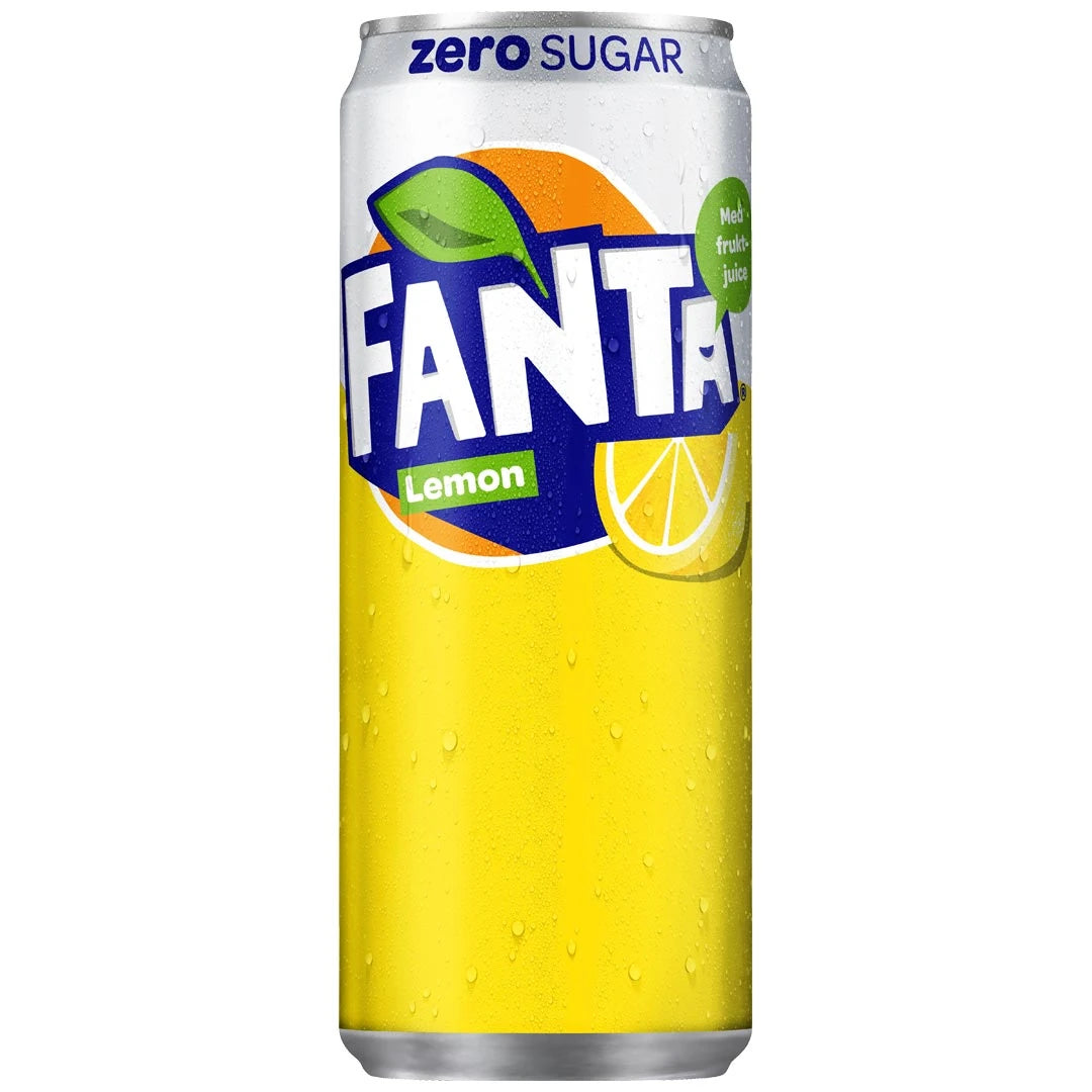 Fanta Zero 330 ml i en gul aluminiumburk med smaken Lemon., bild 3 av 4