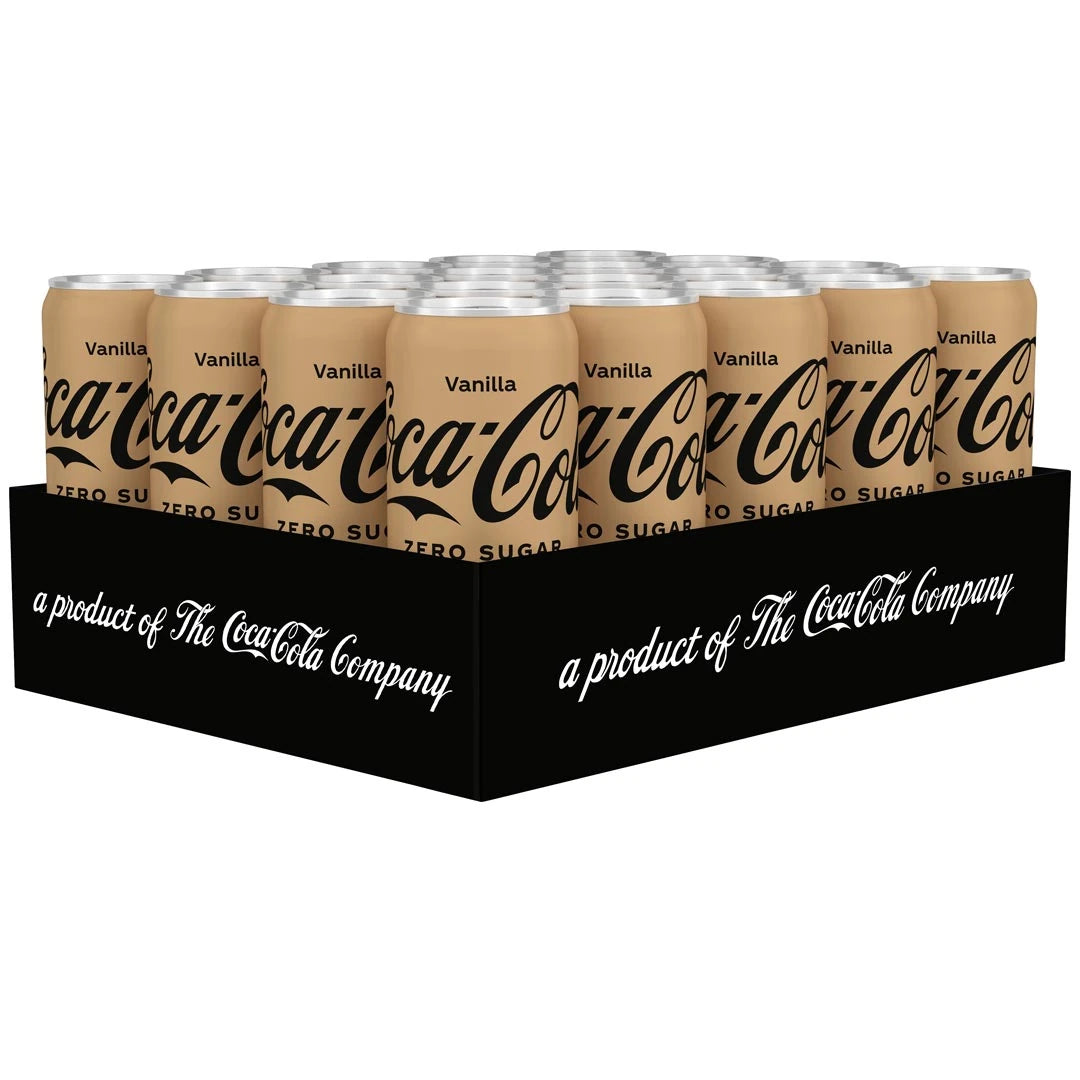 20 x Coca-Cola Zero Vanilla 330 ml mustassa lavassa, jossa on beigenvärisiä sokerittoman virvoitusjuoman tölkkejä., kuva 1/1