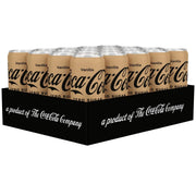 20 x Coca-Cola Zero Vanilla 330 ml mustassa lavassa, jossa on beigenvärisiä sokerittoman virvoitusjuoman tölkkejä.