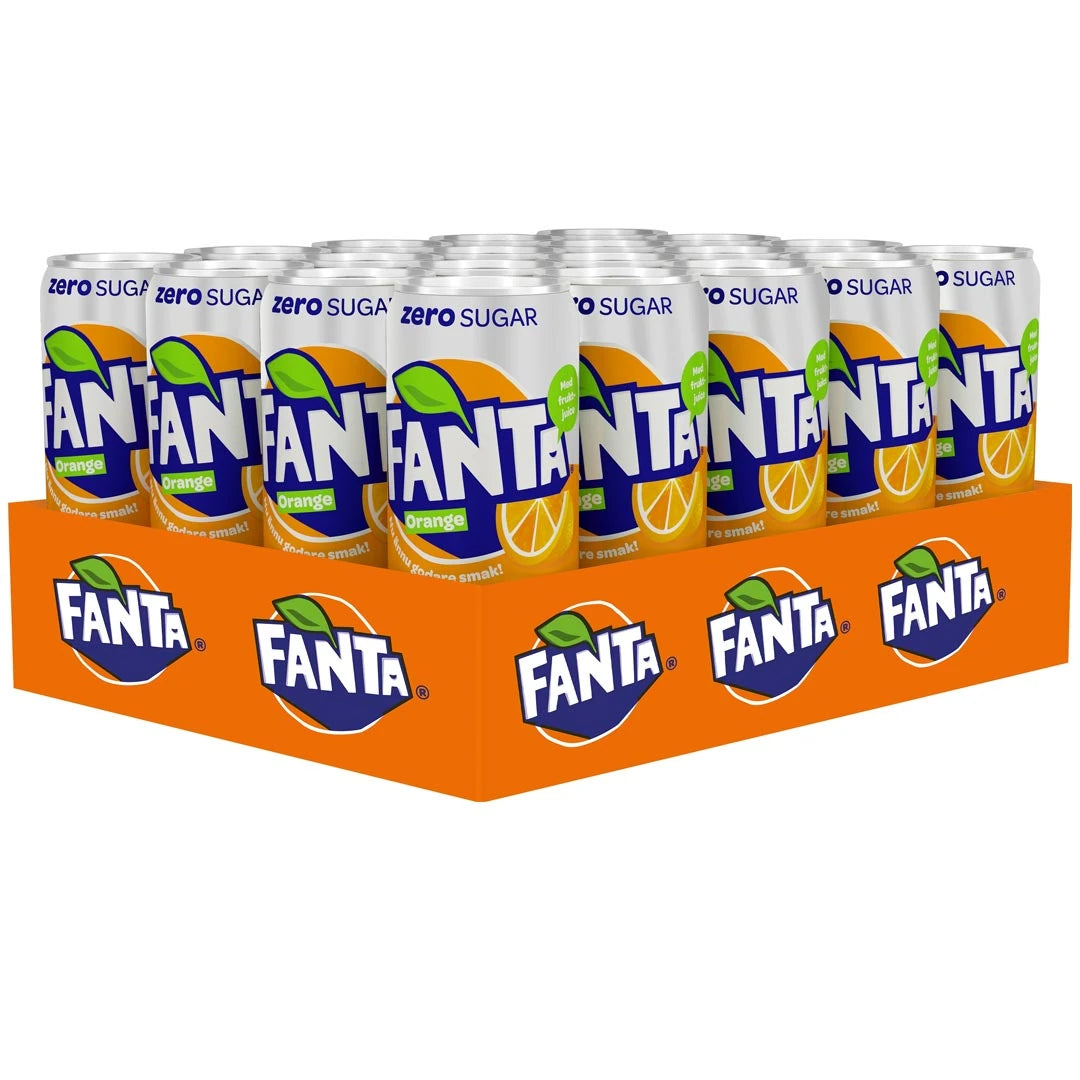20 x Fanta Orange Zero 330 ml oranssilla lavalla, jossa sokeritonta virvoitusjuomaa valkoisissa alumiinitölkeissä.
