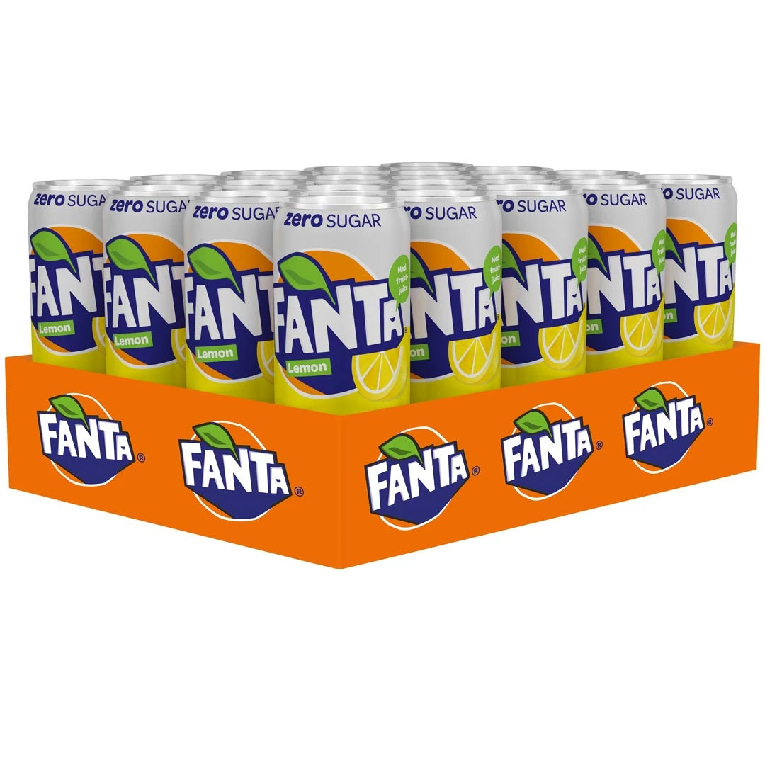 20 x Fanta Lemon Zero 330 ml oranssissa lavassa valkoisilla ja keltaisilla tölkeillä, joissa on sokeriton sitruunanmaku., kuva 1/1