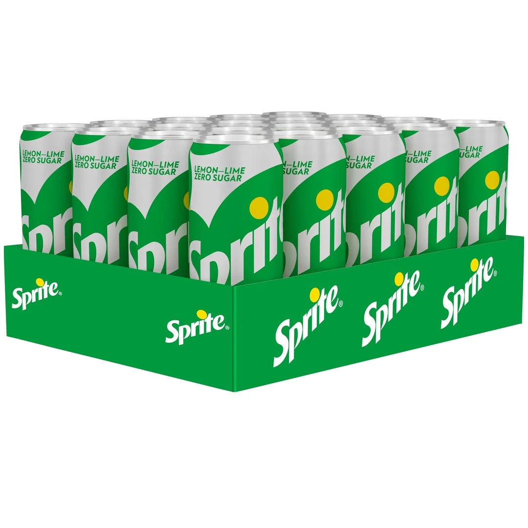 20 x Sprite Zero 330 ml sokeriton virvoitusjuoma hopeanvärisissä ja vihreissä tölkeissä vihreässä pahvilaatikossa.