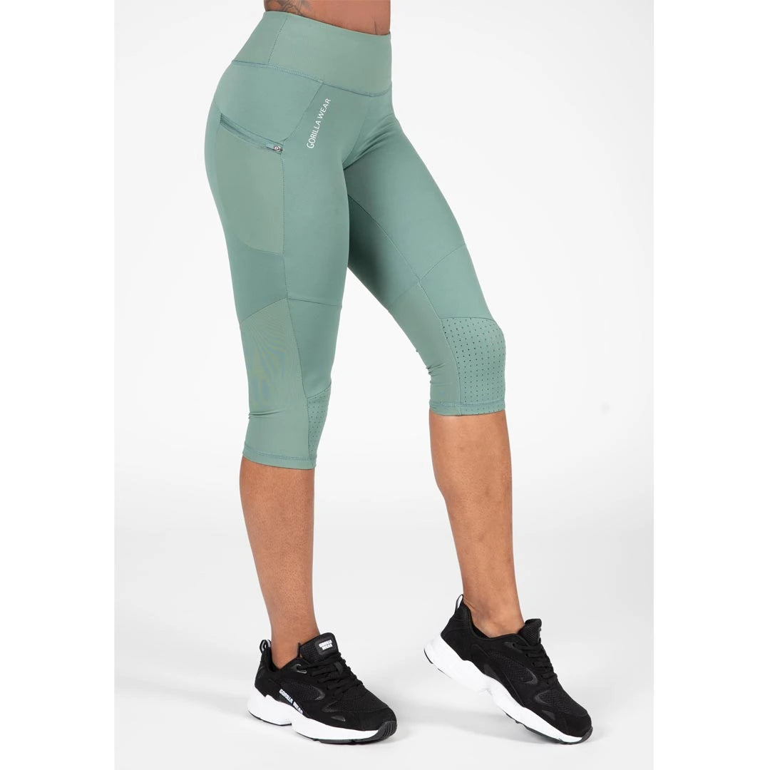 Gorilla Wear Monroe Cropped Leggings Army Green, vihreät crop-malliset treenitrikoot sivutaskulla ja verkkokankaalla., kuva 1/4