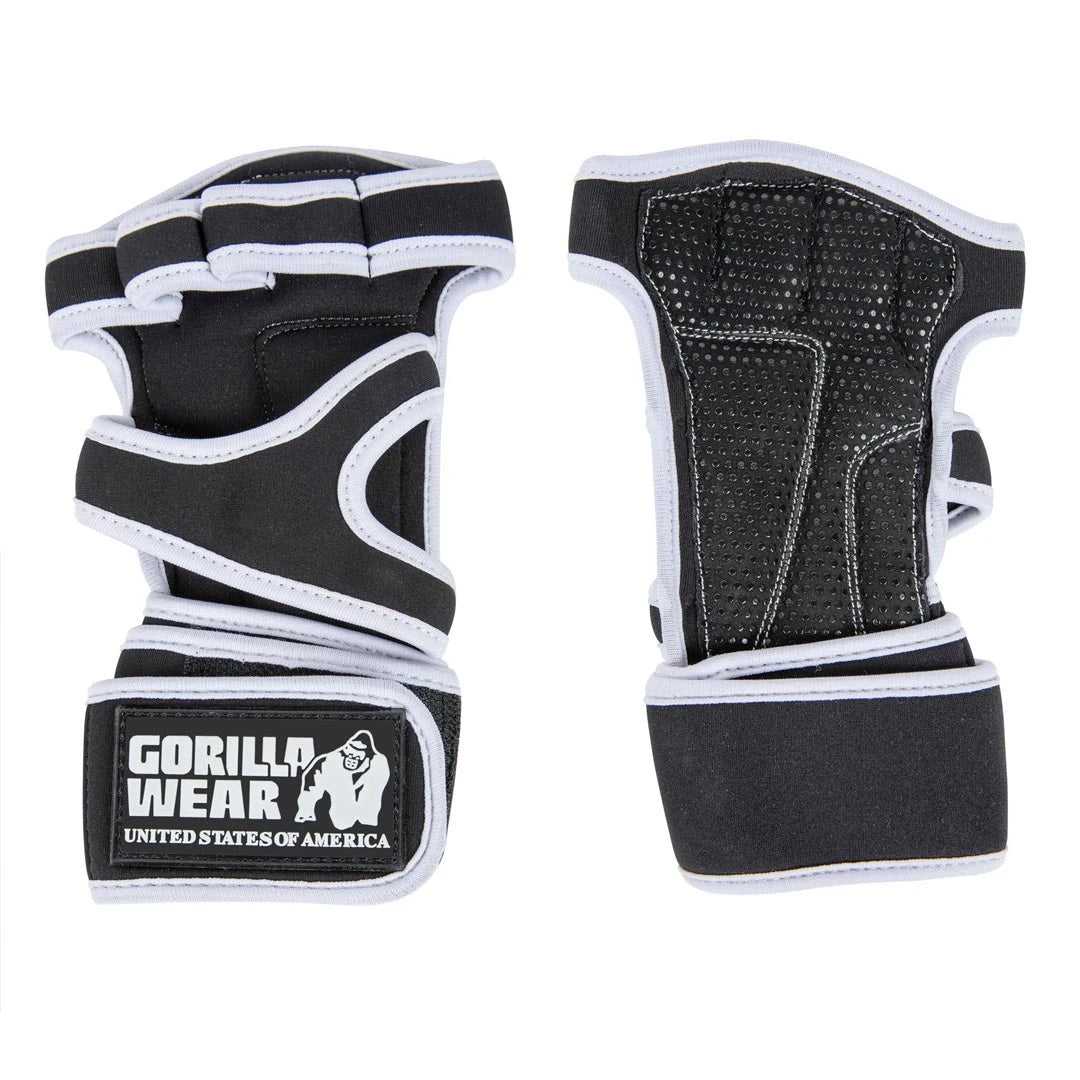 Gorilla Wear Yuma Weightlifting Workout Gloves Black/White, mustat treenihanskat valkoisilla yksityiskohdilla ja pitävällä pinnalla., kuva 2/7