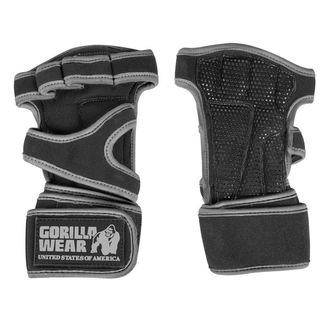 Mustat Gorilla Wear Yuma Weightlifting Workout Gloves Black/Grey -treenihanskat harmailla yksityiskohdilla ja rannetuella., kuva 5/7