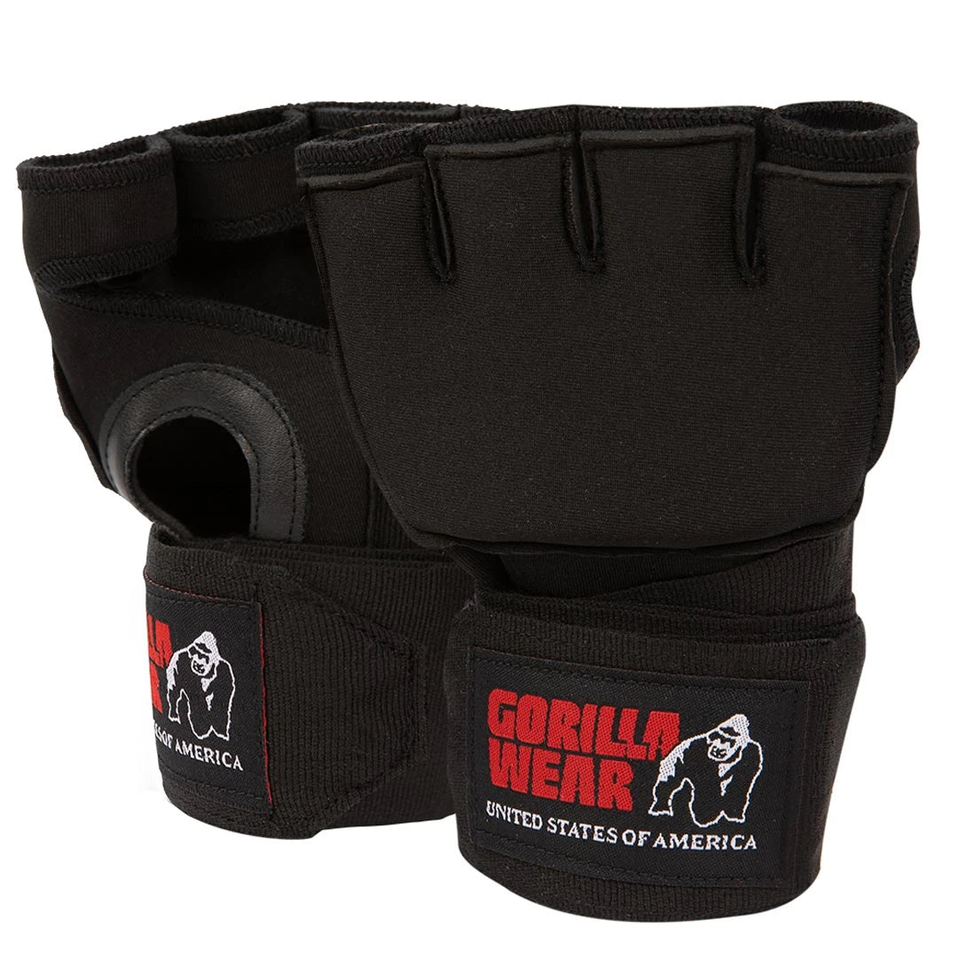 Gorilla Wear Gel Glove Wraps Black, mustat sisähanskat nyrkkeilyyn, joissa on avoin muotoilu ja integroitu rannetuki., kuva 1/3