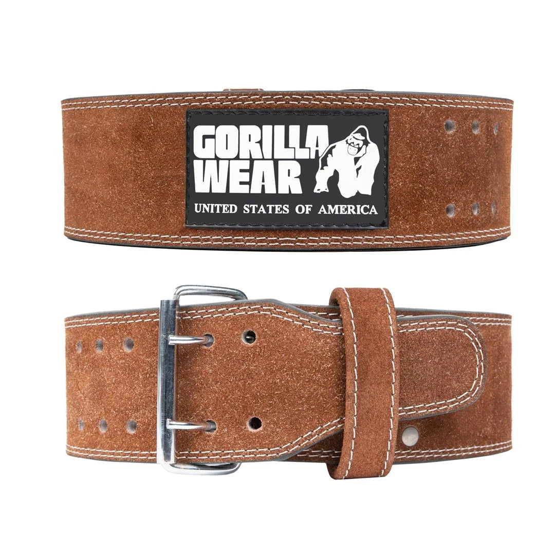 Ruskea nahkainen Gorilla Wear 4 Inch Powerlifting Belt Brown -voimanostovyö terässoljella ja mustalla logolla., kuva 3/4