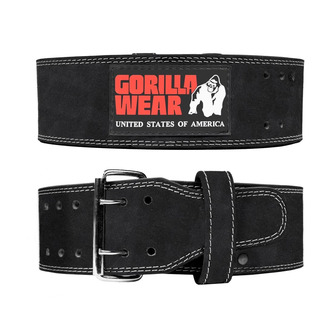 Gorilla Wear 4 Inch Powerlifting Belt Black mustaa nahkaa, valkoiset tikkaukset, punainen logo ja tuplaterässolki., kuva 2/3