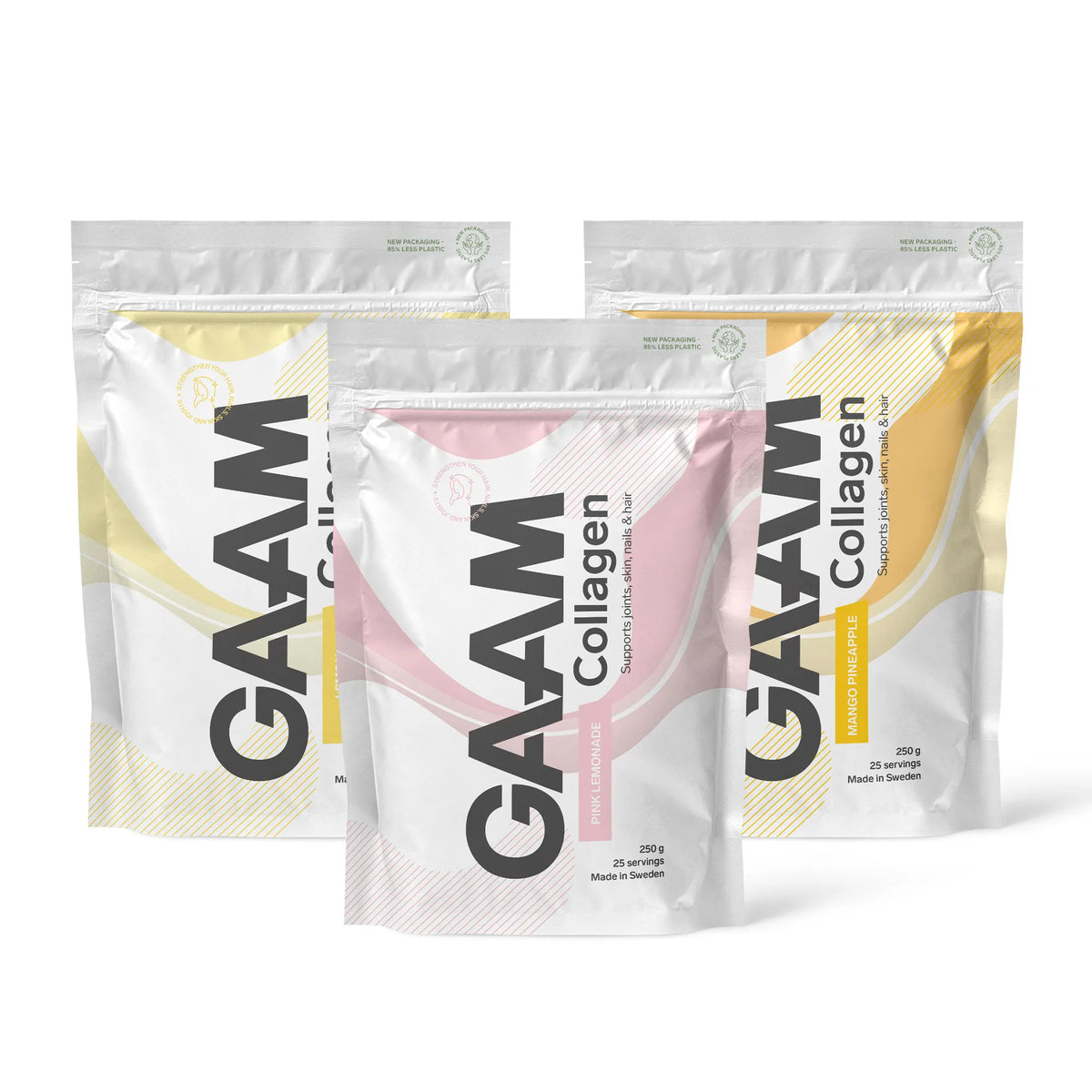 3 x GAAM Collagen 250 g -kollageenijauhe kolmessa valkoisessa pussissa vaaleanpunaisilla ja keltaisilla yksityiskohdilla mauissa Pink Lemonade ja Mango Pineapple., kuva 1/1