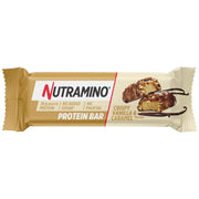 Nutramino Protein Bar 55 g beigessä ja valkoisessa pakkauksessa, makuna Crispy Vanilla & Caramel.