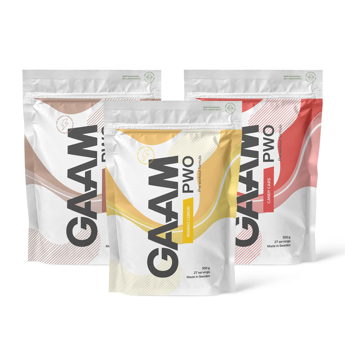 3 x GAAM PWO 300 g -tehonlisääjä kolmessa valkoisessa pussissa ruskeilla, keltaisilla ja punaisilla yksityiskohdilla., kuva 1/1