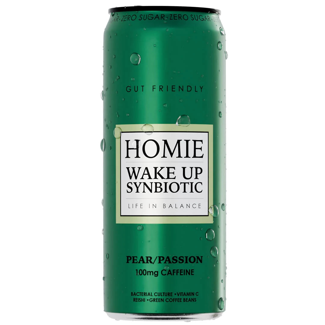 Homie Wake Up Synbiotic 330 ml -energiajuoma vihreässä tölkissä, makuna Pear Passion., kuva 1/10