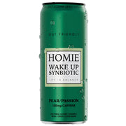 Homie Wake Up Synbiotic 330 ml -energiajuoma vihreässä tölkissä, makuna Pear Passion.