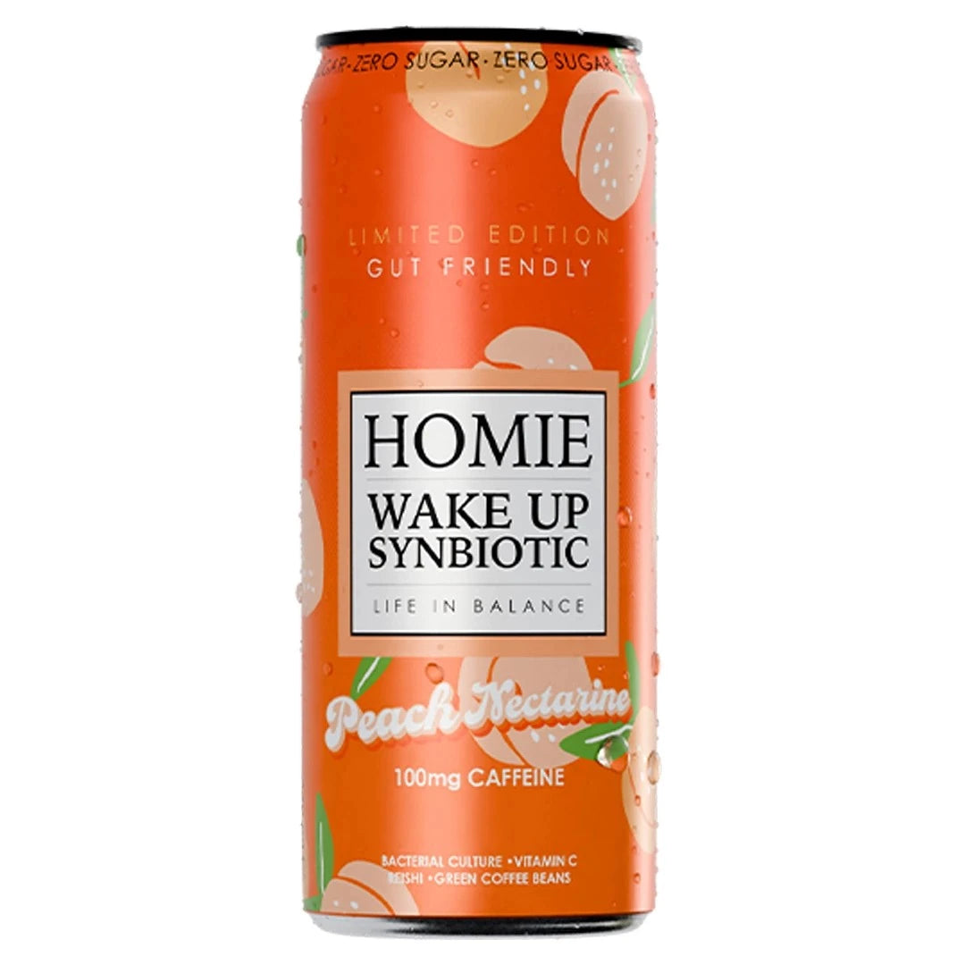 Homie Wake Up Synbiotic 330 ml oranssissa tölkissä persikkakuvioilla, makuna Peach Nectarine., kuva 3/10