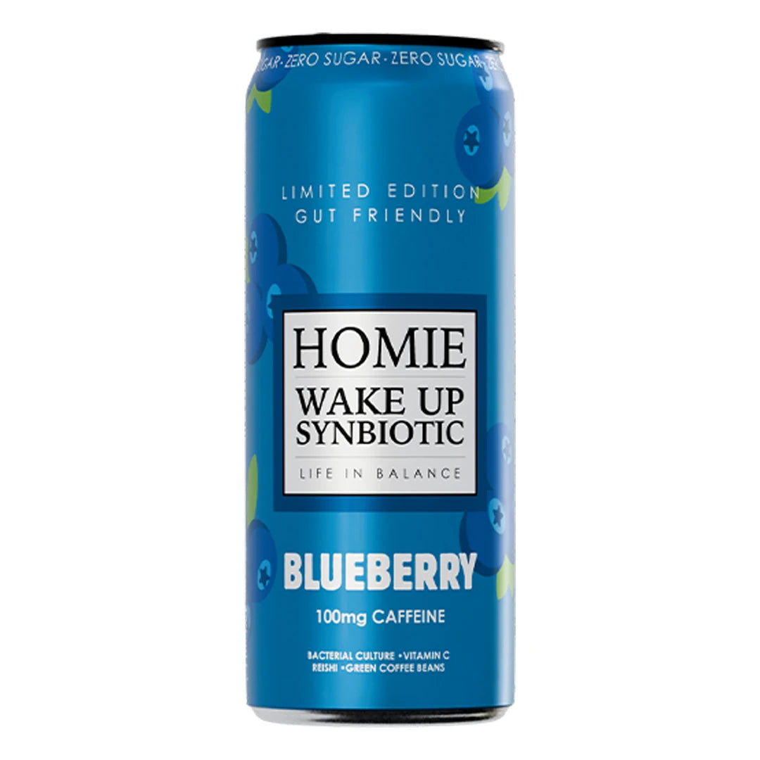 Homie Wake Up Synbiotic 330 ml sinisessä tölkissä, jossa on mustikkakuvio, makuna Blueberry., kuva 7/10