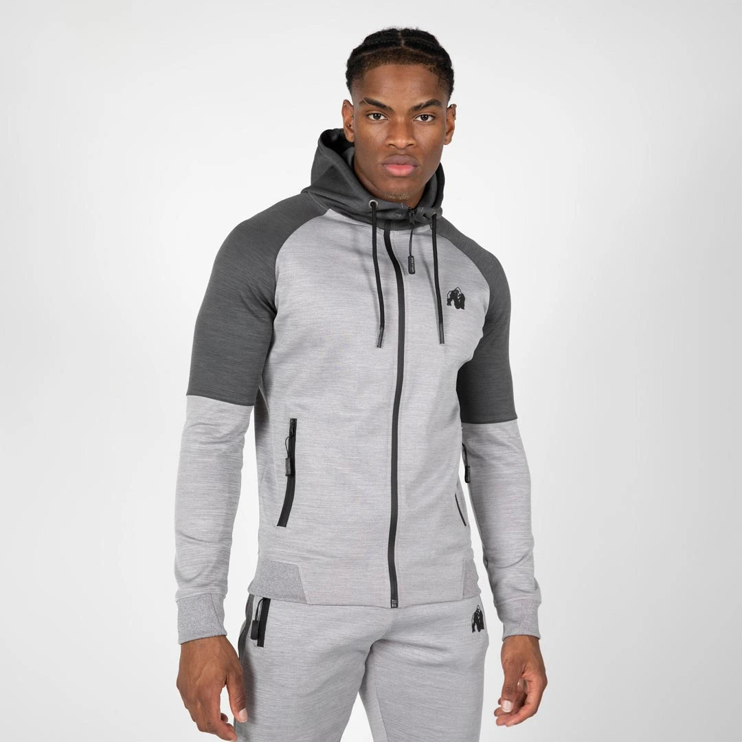 Gorilla Wear Sullivan Track Jacket Grey miesmallilla, harmaa slim fit -treenitakki tummanharmaalla hupulla., kuva 6/7