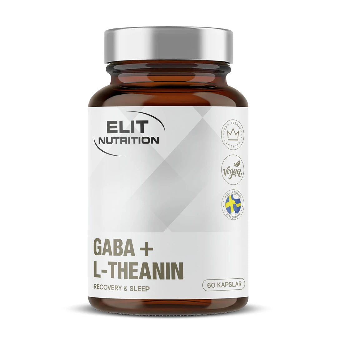 Elit Nutrition GABA + L-Theanine 60 caps tummanruskeassa purkissa, jossa on valkoinen etiketti ja hopeinen kansi., kuva 1/1