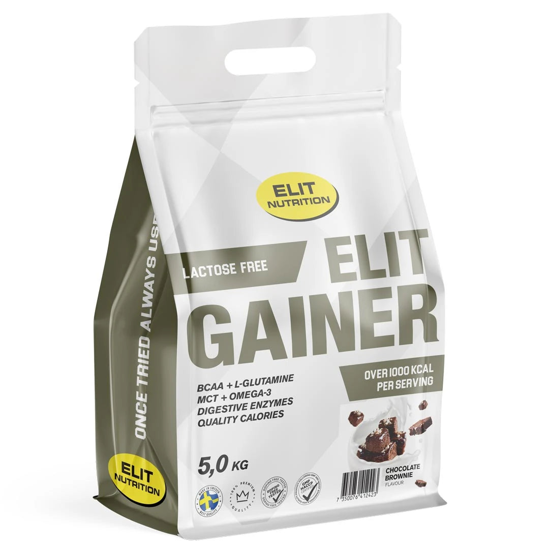 Elit Nutrition Gainer - Lactose Free 5 kg valko-harmaassa pussissa, makuna Chocolate Brownie., kuva 1/4