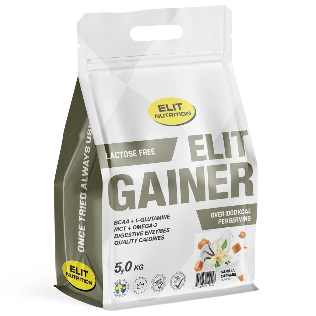 Elit Nutrition Gainer Lactose Free 5 kg valko-harmaassa pussissa, makuna Vanilla Caramel., kuva 2/4