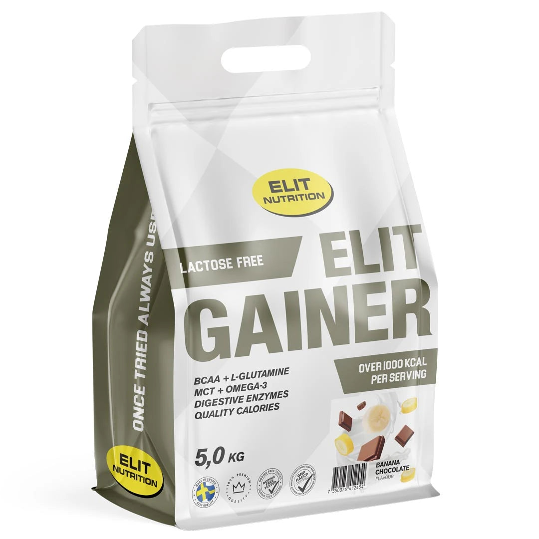 Valkoinen, uudelleensuljettava pussi Banana Chocolate -makuista Elit Nutrition Gainer Lactose Free 5 kg -jauhetta., kuva 3/4
