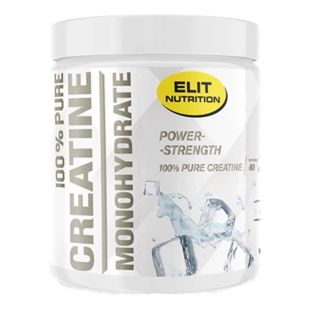 Elit Nutrition 100% Pure Creatine Monohydrate 300 g valkoisessa purkissa, jonka etiketissä on harmaa teksti ja jääpaloja., kuva 1/6