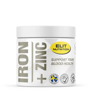 Elit Nutrition Iron + Zinc 60 caps -kivennäisainelisä valkoisessa muovipurkissa, jossa on harmaa teksti ja keltainen logo.