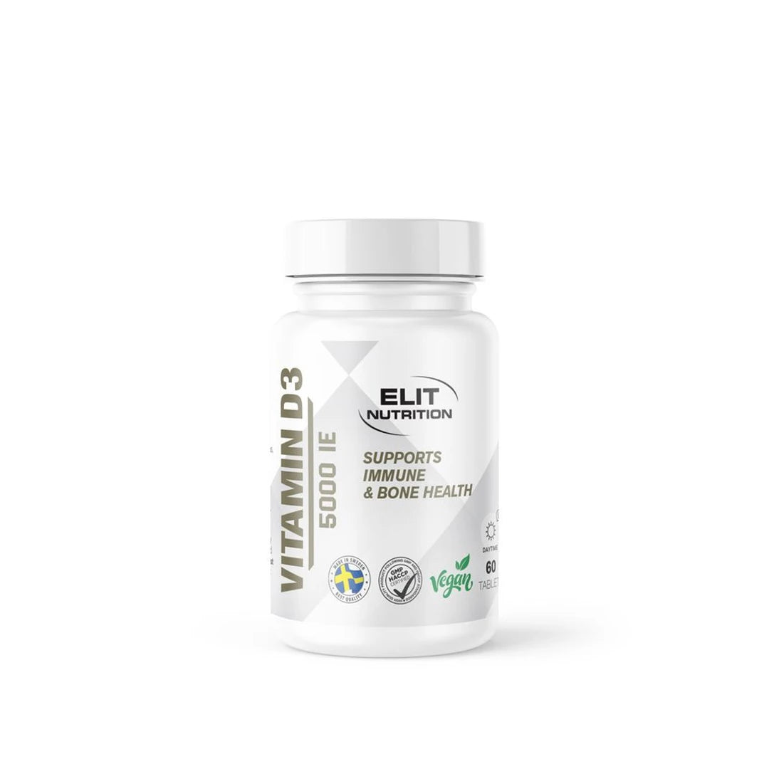 Elit Nutrition Vitamin D 60 tabs valkoisessa muovipurkissa tyylikkäällä etiketillä immuuni- ja luustoterveydelle., kuva 1/1