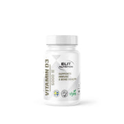 Elit Nutrition Vitamin D 60 tabs valkoisessa muovipurkissa tyylikkäällä etiketillä immuuni- ja luustoterveydelle.