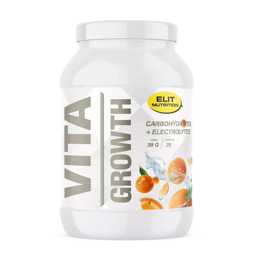 Elit Nutrition Vita Growth 1 kg kolhydrater i en vit burk med grafiska apelsiner och vattenstänk., bild 1 av 1