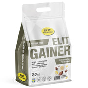 Elit Nutrition Gainer Lactose Free 2 kg -laktoositon gainer-jauhe valkoisessa pussissa, makuna Banana Chocolate.