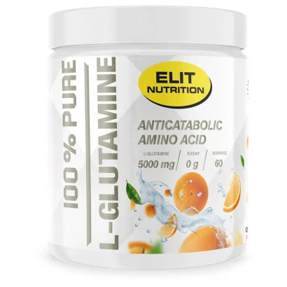 Elit Nutrition 100% Pure L-glutamine 300 g -aminohapot valkoisessa purkissa appelsiinikuvituksella, makuna appelsiini., kuva 1/2