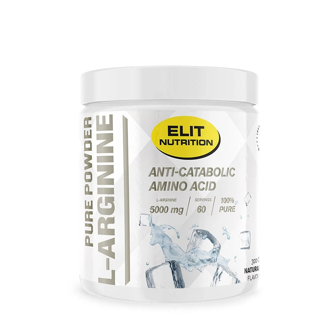 Elit Nutrition 100% L-arginine 300 g valkoisessa purkissa, jossa on keltaisia ja harmaita yksityiskohtia., kuva 1/1