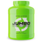 Scitec Nutrition Jumbo 3.52 kg gainer i en stor neongrön burk, chokladsmak.