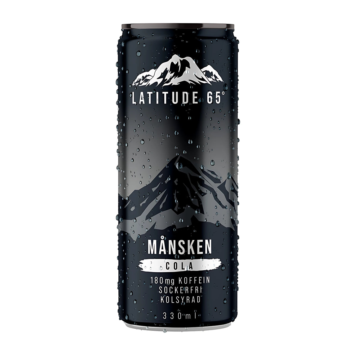 Latitude 65 330 ml mustassa tölkissä, jossa on vesipisaroita ja vuorikuvio, makuna Månsken Cola., kuva 4/21