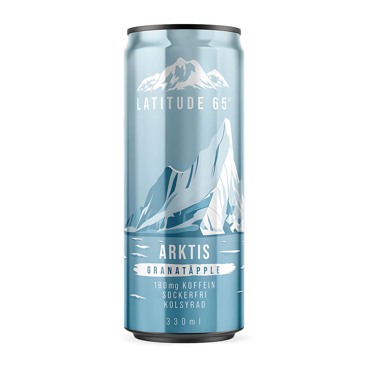 Latitude 65 330 ml -energiajuoma vaaleansinisessä tölkissä jäävuorikuviolla, makuna Arktis Granatäpple., kuva 7/21