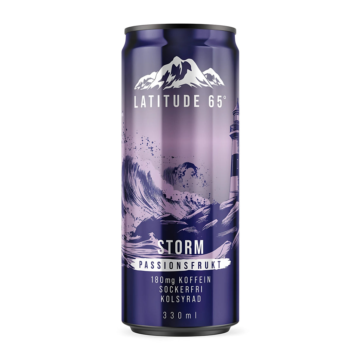 Latitude 65 330 ml -energiajuoma violetissa tölkissä meriaiheisella kuvituksella, makuna Storm Passionsfrukt., kuva 8/21