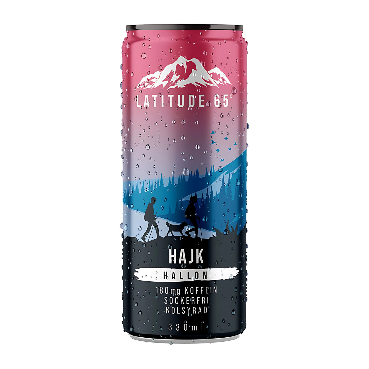 Latitude 65 330 ml -hiilihapotettu energiajuoma vaaleanpunaisessa ja mustassa tölkissä vesipisaroilla, makuna Hajk Hallon., kuva 13/21