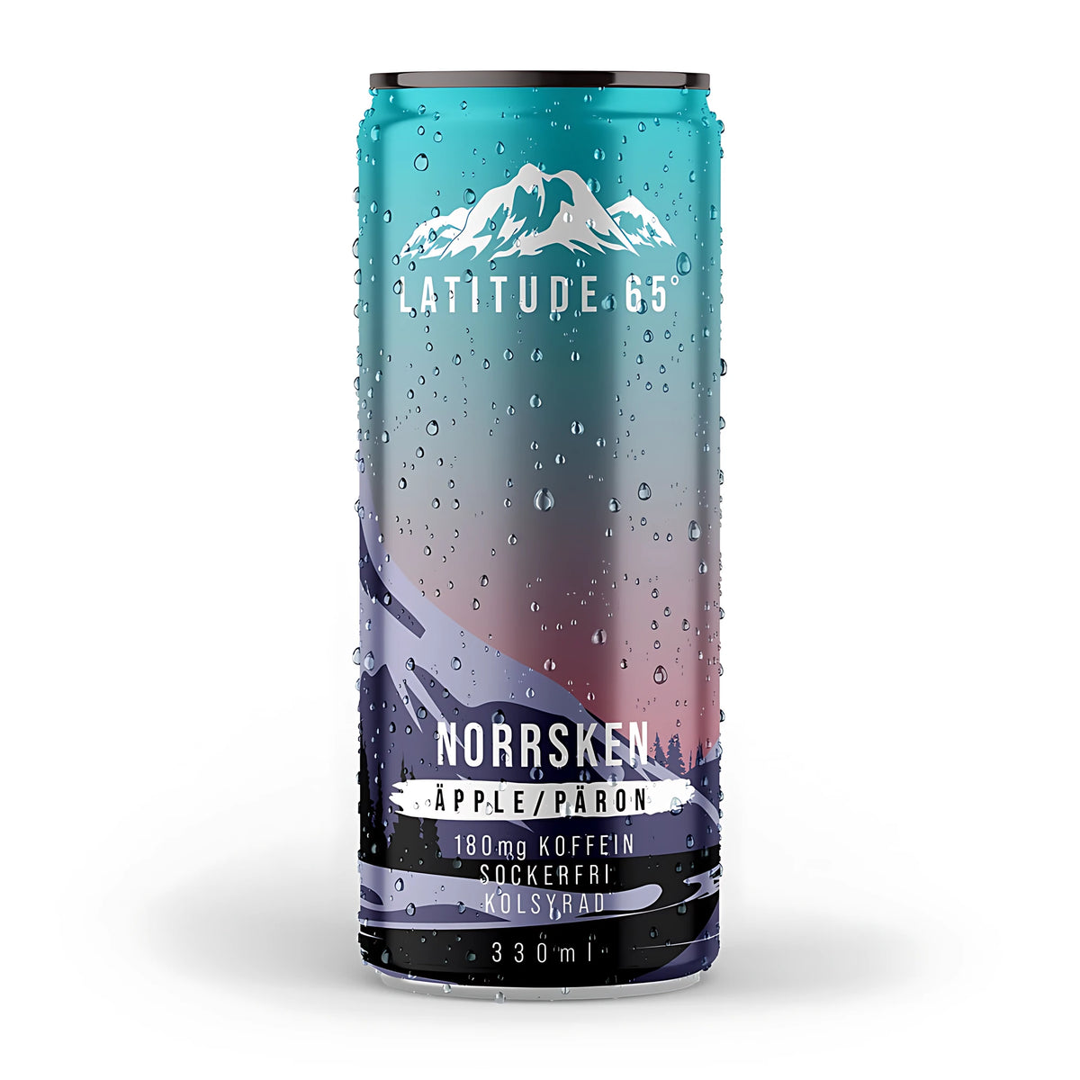 Latitude 65 330 ml -hiilihapotettu juoma pisaraisessa tölkissä turkoosilla ja liilalla vuoristokuviolla, makuna Norrsken Äpple Päron., kuva 15/21