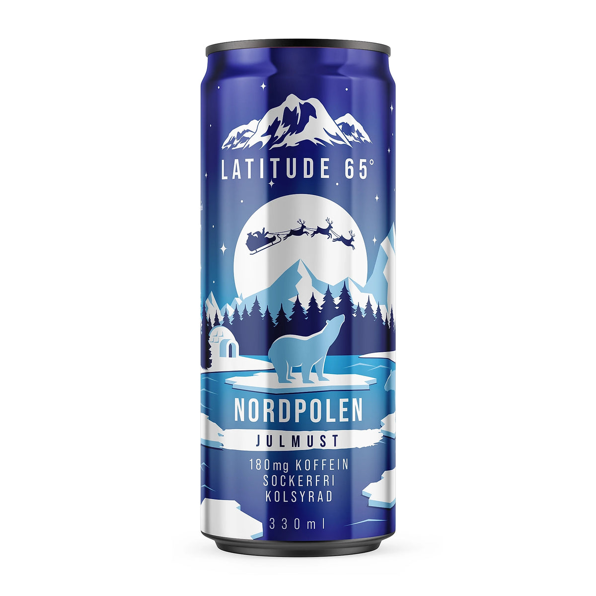 Latitude 65 330 ml -hiilihapotettu juoma tummansinisessä tölkissä talviaiheisella kuvituksella, makuna Nordpolen Julmust., kuva 21/21