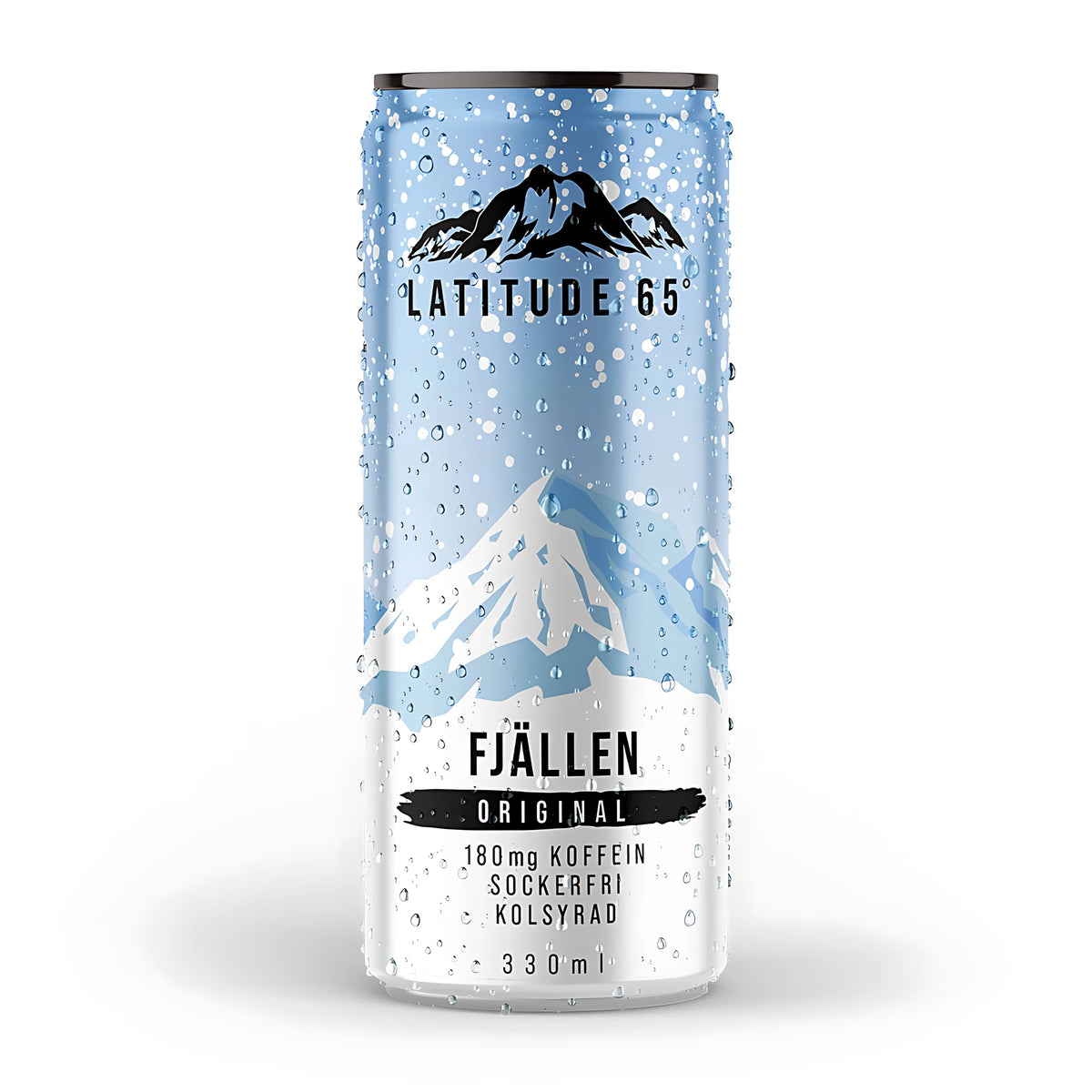 Latitude 65 330 ml -hiilihapotettu energiajuoma vaaleansinisessä ja valkoisessa tölkissä tunturikuviolla, makuna Fjällen Original., kuva 1/21