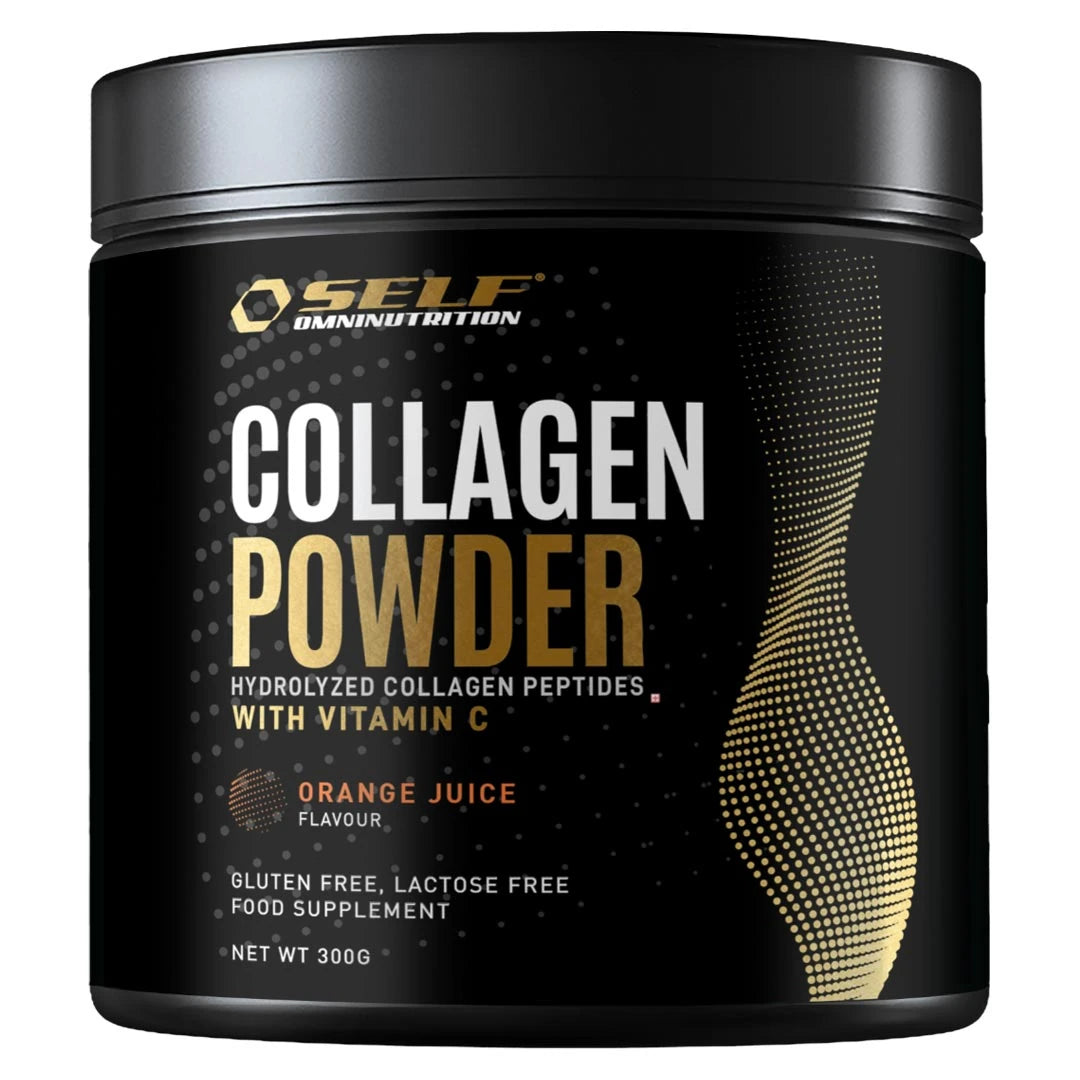 Self Omninutrition Collagen Powder + Vit C 300 g pakattuna mustaan purkkiin kultaisilla yksityiskohdilla ja appelsiinin maulla., kuva 1/1