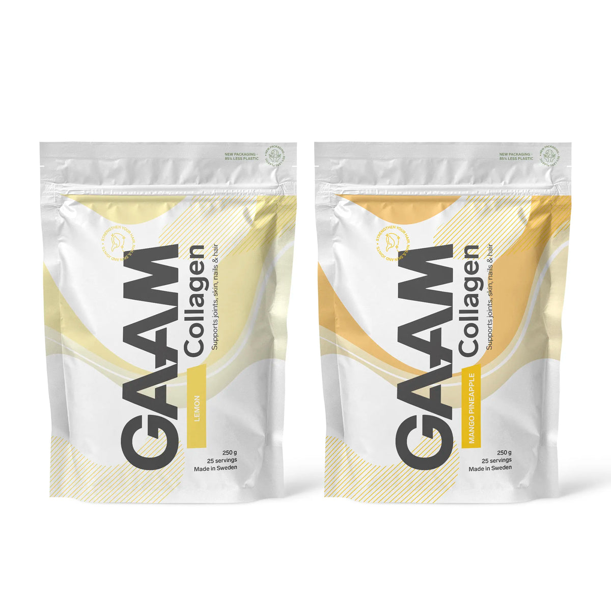 2 x GAAM Collagen 250 g -kollageenijauhe kahdessa valkoisessa pussissa keltaisilla ja oransseilla yksityiskohdilla, makuina Lemon ja Mango Pineapple.