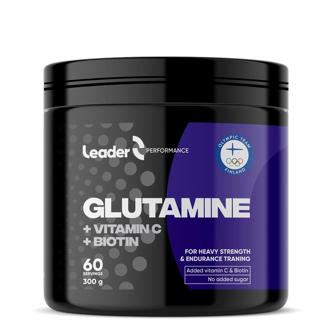 Leader Performance Glutamin + C + Biotin 300 g aminosyra i pulverform i en svart burk med lila detaljer., bild 1 av 1