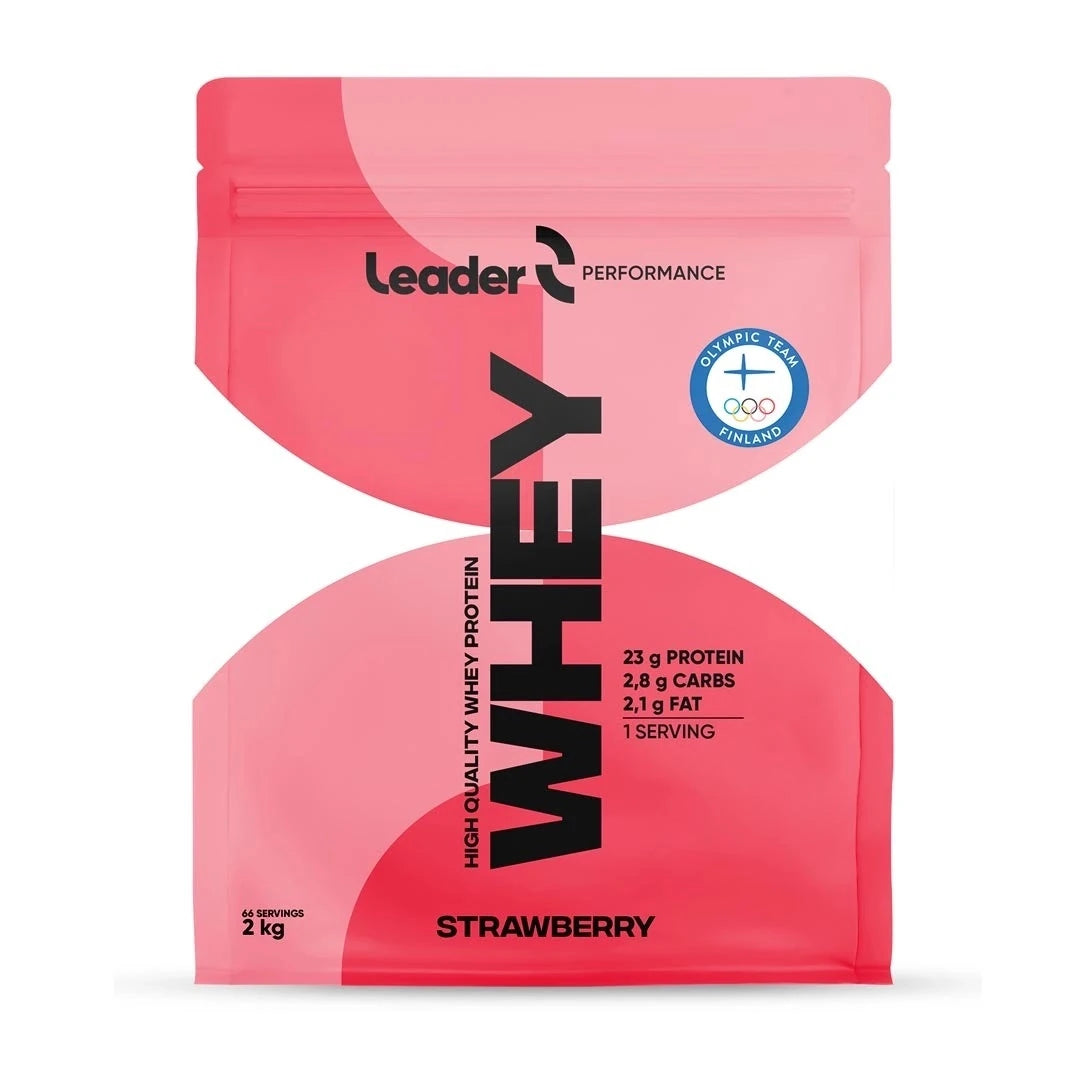 Leader 2 kg -proteiinijauhe vaaleanpunaisessa pussissa, makuna Strawberry., kuva 1/1