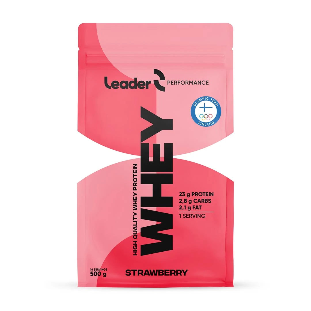Leader Performance Whey Protein 500 g -proteiinijauhe vaaleanpunaisessa pussissa mustilla yksityiskohdilla.