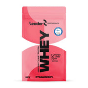 Leader Performance Whey Protein 500 g -proteiinijauhe vaaleanpunaisessa pussissa mustilla yksityiskohdilla.