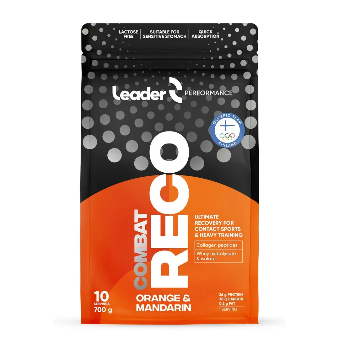 Leader Performance Combat Reco 700 g -palautumisjauhe musta-oranssissa pussissa, makuna Orange &amp; Mandarin., kuva 2/2